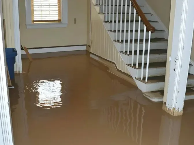 Muddy standing water beside an indoor staircase