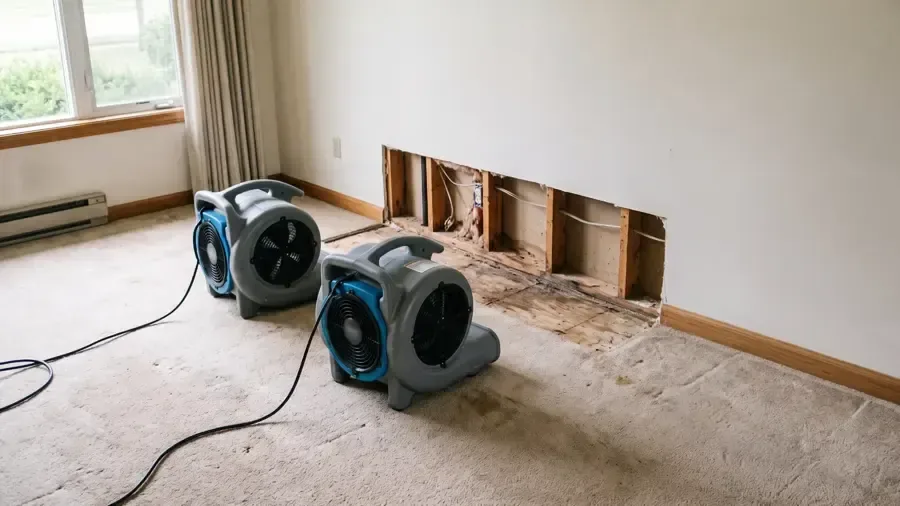Air movers on carpet beside an opened lower wall