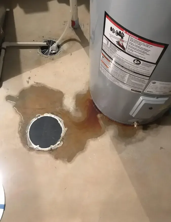 Water pooled beside a tank water heater and a floor drain
