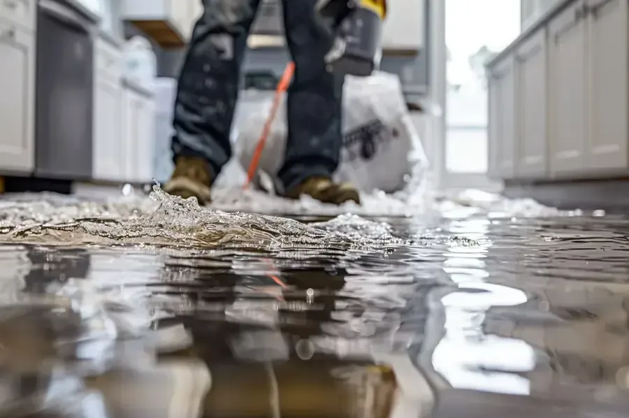 Worker standing beside extraction equipment in a flooded kitchen