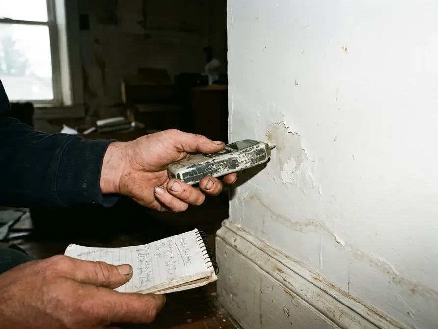 Moisture meter held against a water-stained wall