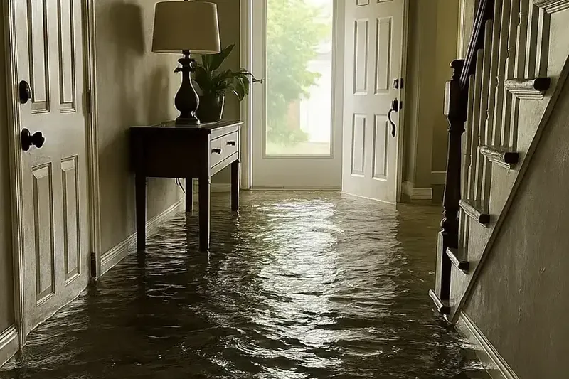 Floodwater covering an entrance hall beside a staircase