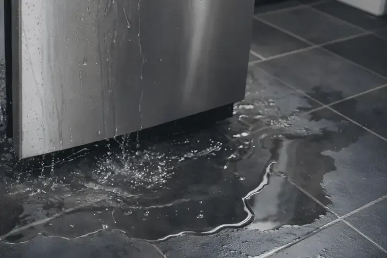 Water leaking from a dishwasher onto dark kitchen tiles