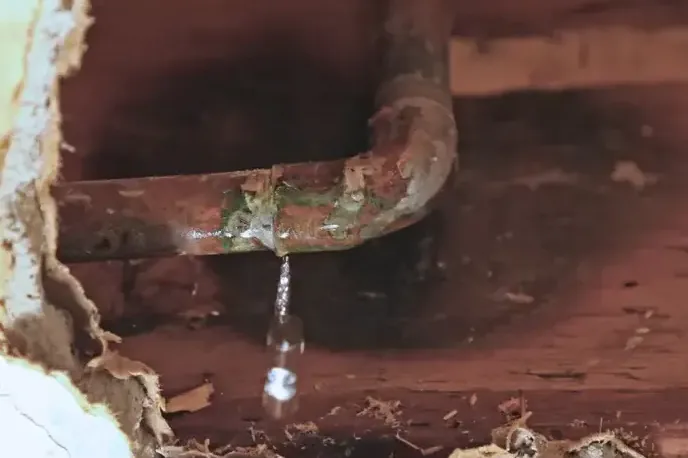 Supply pipe leaking water inside an open wall
