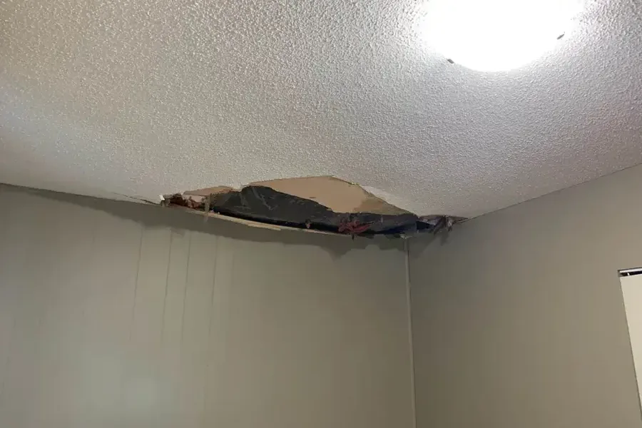 Ceiling drywall broken open around a water-damaged area