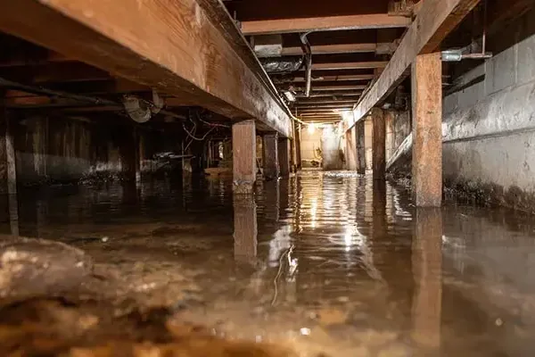 Standing water beneath exposed wooden floor joists in a crawl space