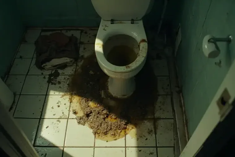 Sewage contamination across bathroom tiles surrounding the base of a toilet