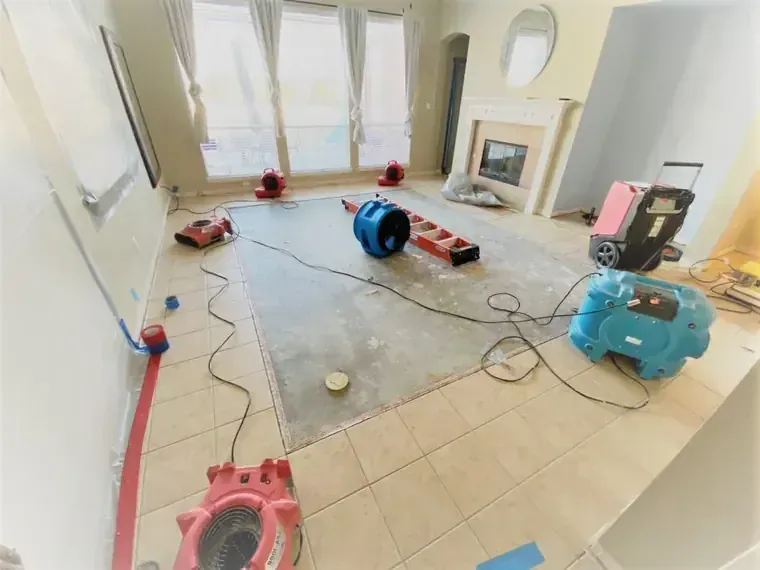 Air movers and dehumidifiers arranged inside a room