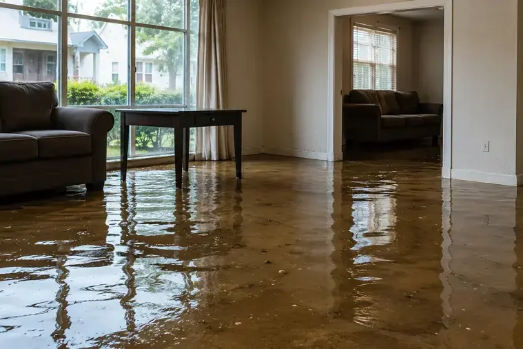 Standing water covering a living room floor beside a sofa and windows